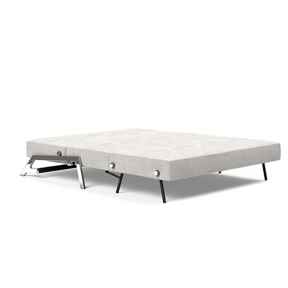 The Cubed Queen Size Sleeper Sofa with Chrome Legs from Innovation Living with adario fog 256 upholstery setup as a bed.