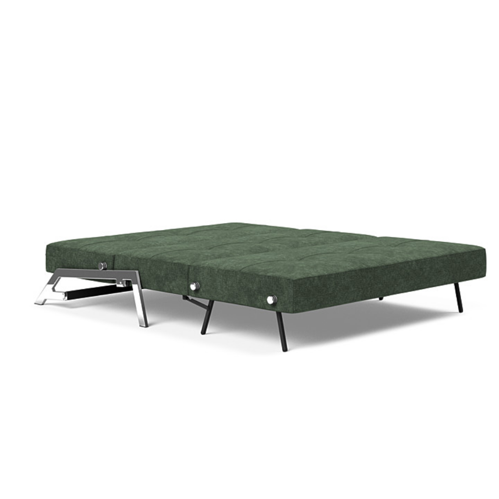 The Cubed Queen Size Sleeper Sofa with Chrome Legs from Innovation Living with avella pine green 281 upholstery setup as a bed.