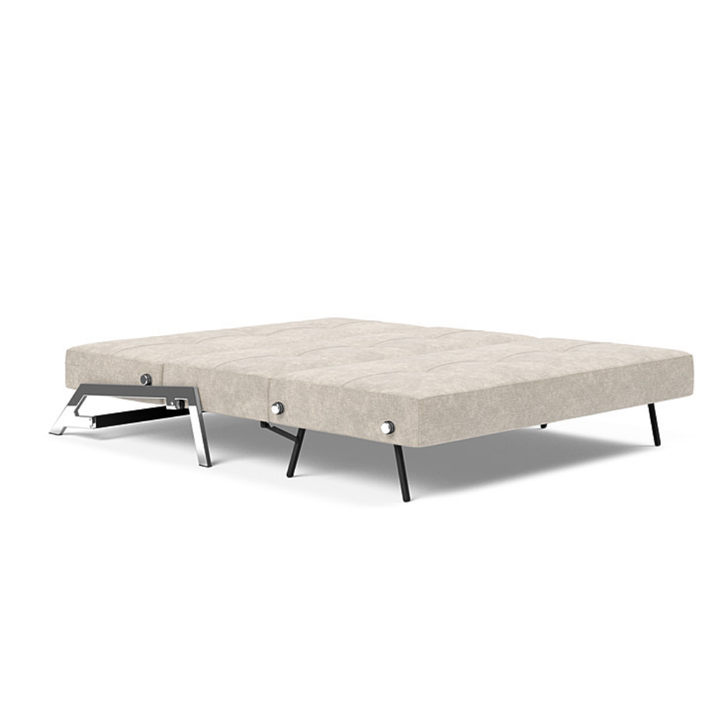 The Cubed Queen Size Sleeper Sofa with Chrome Legs from Innovation Living with avella sand 280 upholstery setup as a bed.