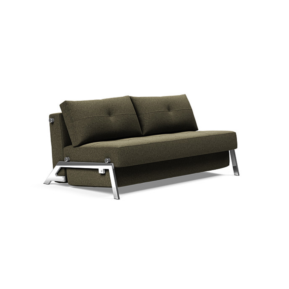 The Cubed Queen Size Sleeper Sofa with Chrome Legs from Innovation Living with boucle forest green 535 upholstery setup as a sofa.