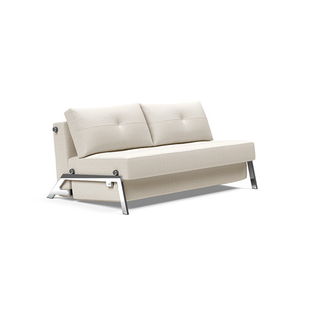 The Cubed Queen Size Sleeper Sofa with Chrome Legs from Innovation Living with boucle off white 531 upholstery setup as a sofa.