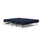 The Cubed Queen Size Sleeper Sofa with Chrome Legs from Innovation Living with mixed dance blue 528 upholstery setup as a bed.