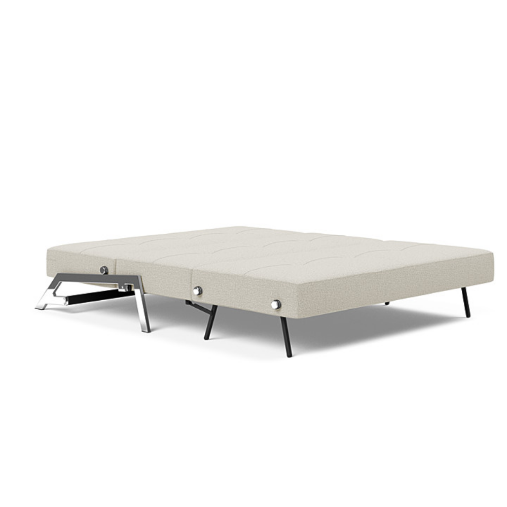 The Cubed Queen Size Sleeper Sofa with Chrome Legs from Innovation Living with mixed dance natural 527 upholstery setup as a bed.