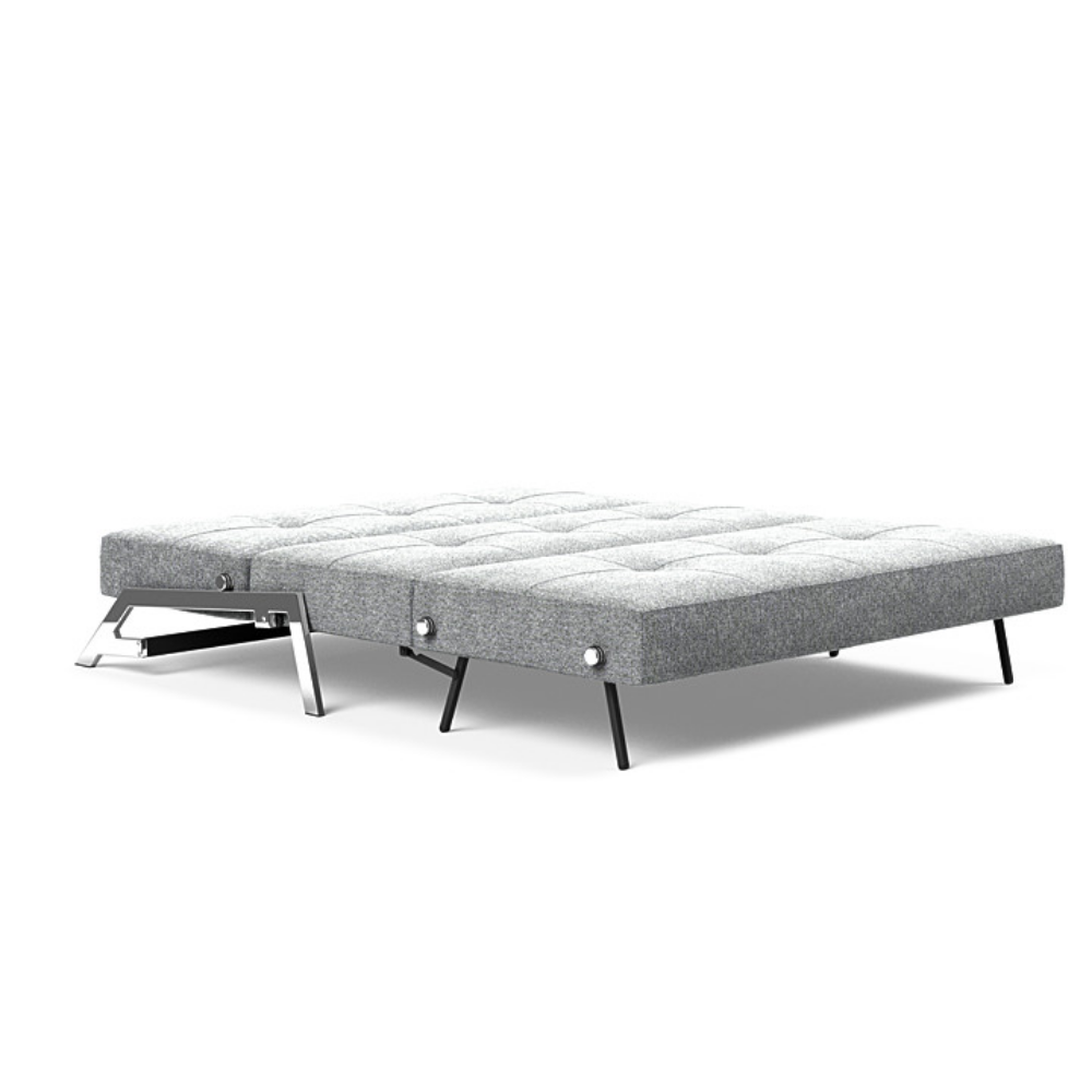 The Cubed Queen Size Sleeper Sofa with Chrome Legs from Innovation Living with taura slate grey 351 upholstery setup as a bed.
