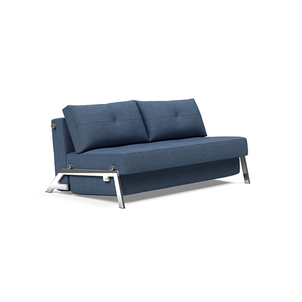 The Cubed Queen Size Sleeper Sofa with Chrome Legs from Innovation Living with weda blue 302 upholstery setup as a sofa.