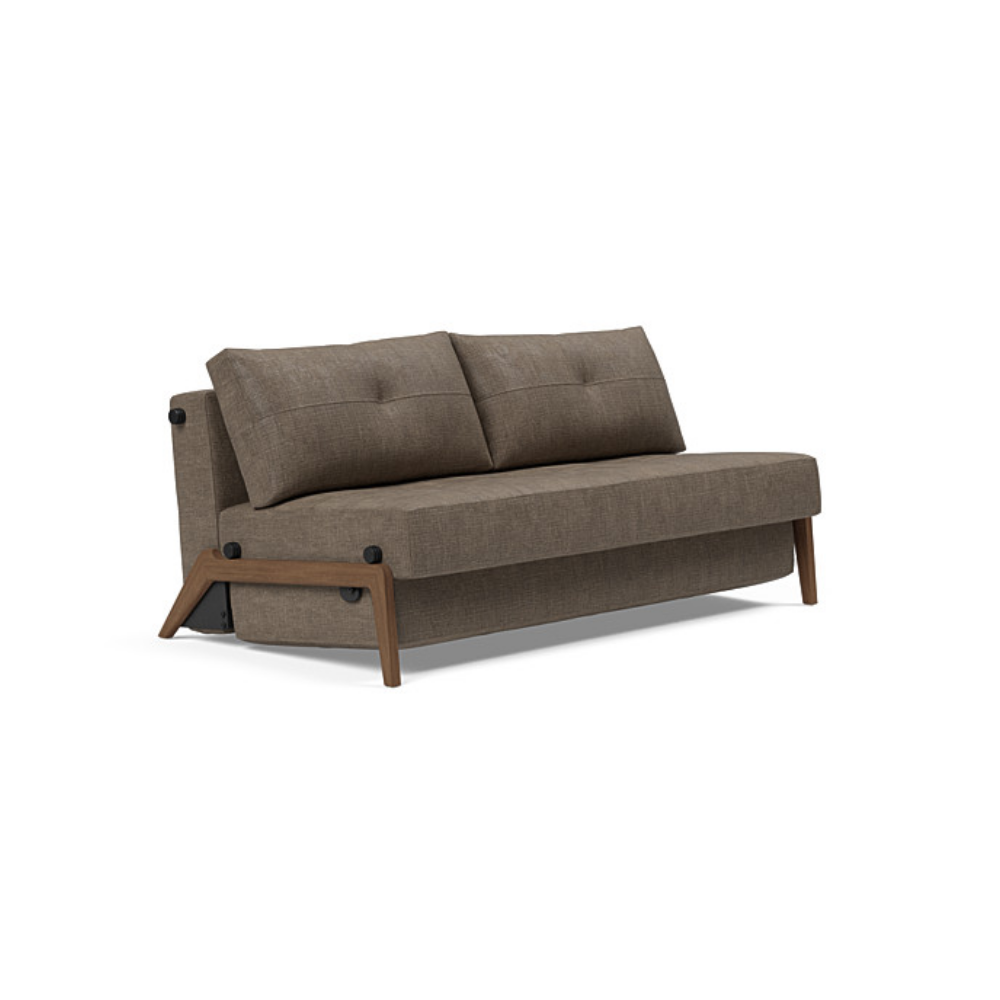 The Cubed Queen Size Sleeper Sofa with Wood Legs from Innovation Living with dark lacquered oak legs and esina cedar brown 411 upholstery setup as a sofa.