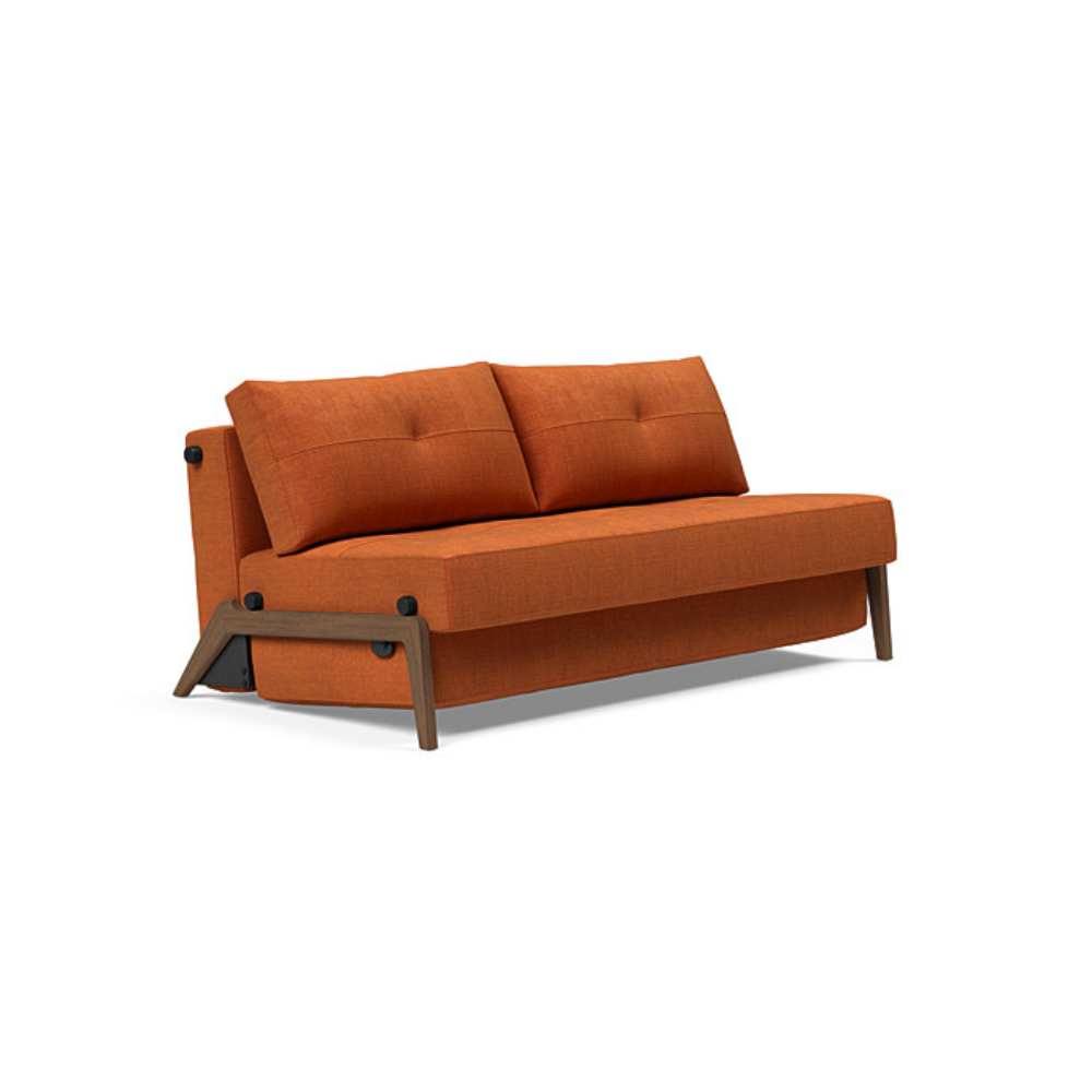The Cubed Queen Size Sleeper Sofa with Wood Legs from Innovation Living with dark lacquered oak legs and esina rust orange 412 upholstery setup as a sofa.