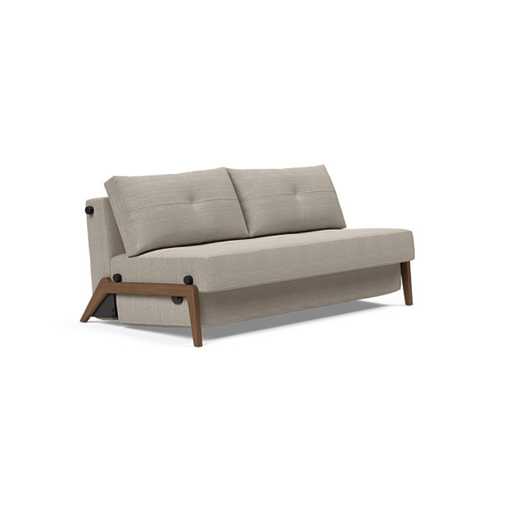 The Cubed Queen Size Sleeper Sofa with Wood Legs from Innovation Living with dark lacquered oak legs and kenya gravel 579 upholstery setup as a sofa.