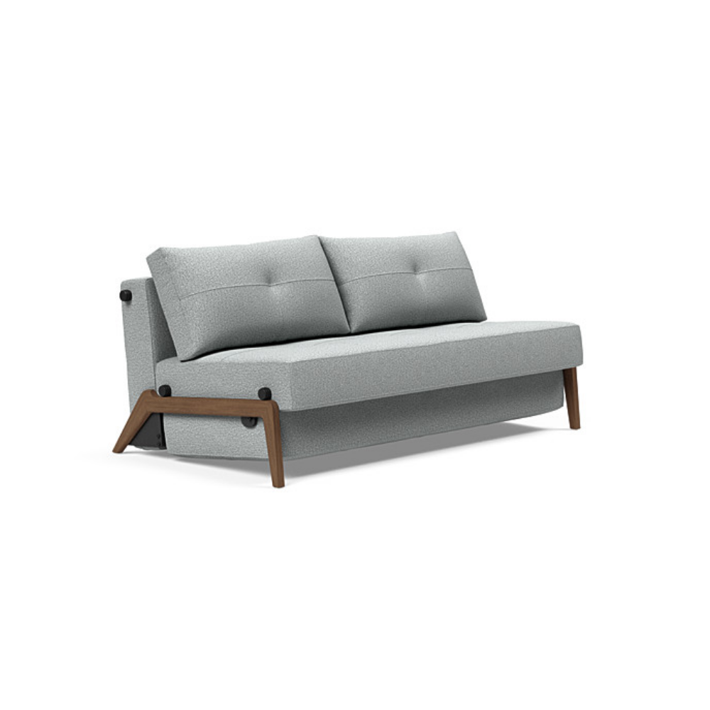 The Cubed Queen Size Sleeper Sofa with Wood Legs from Innovation Living with dark lacquered oak legs and melange light grey 538 upholstery setup as a sofa.