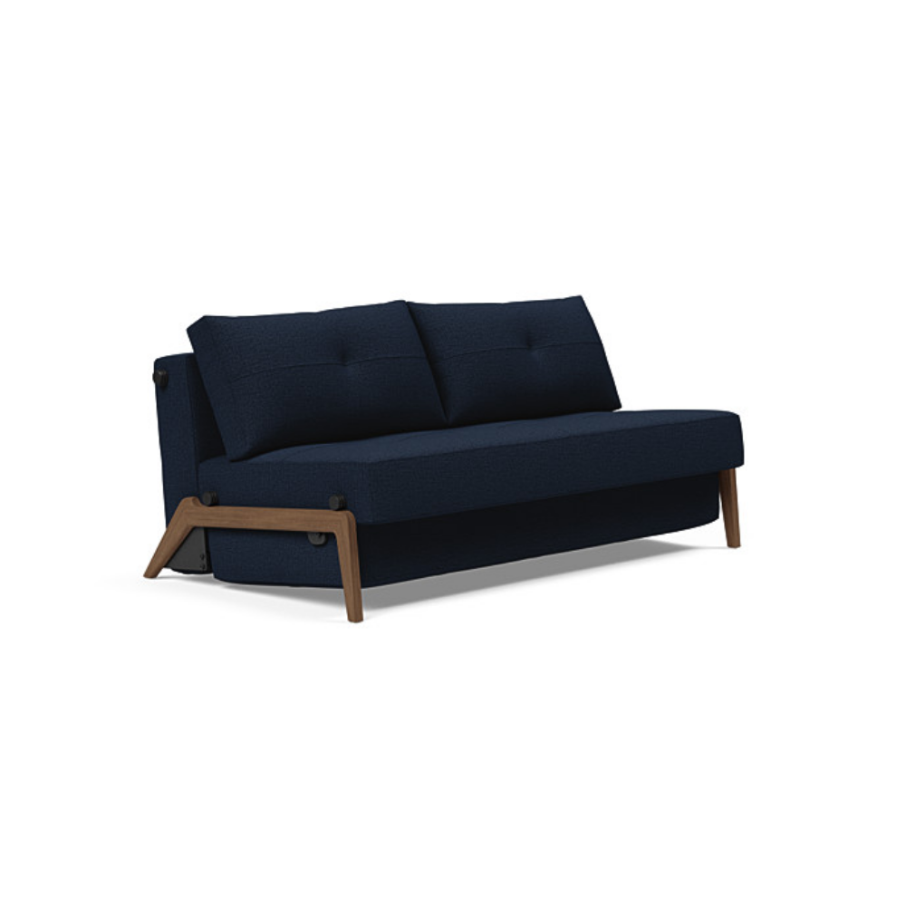 The Cubed Queen Size Sleeper Sofa with Wood Legs from Innovation Living with dark lacquered oak legs and mixed dance blue 528 upholstery setup as a sofa.
