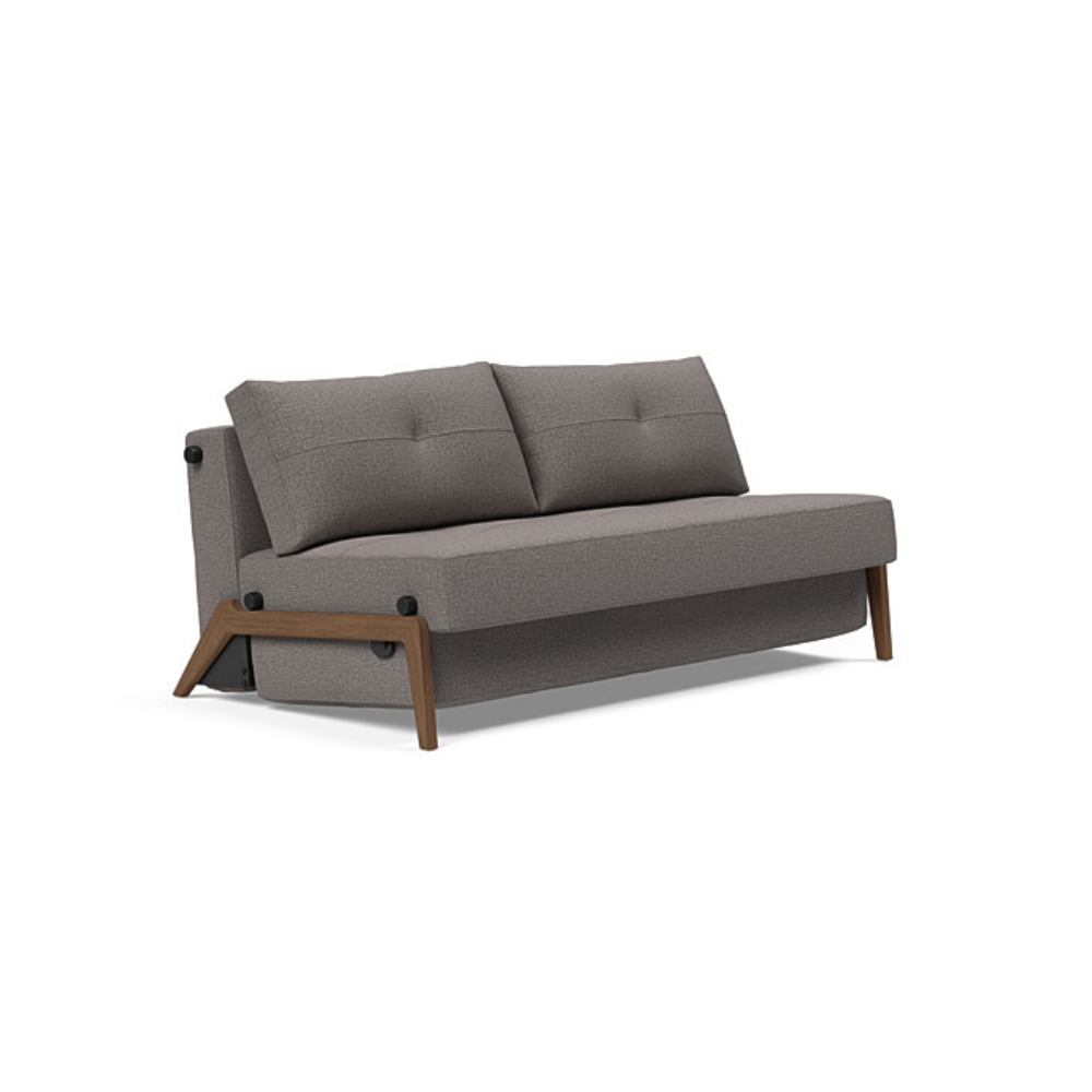 The Cubed Queen Size Sleeper Sofa with Wood Legs from Innovation Living with dark lacquered oak legs and mixed dance grey 521 upholstery setup as a sofa.