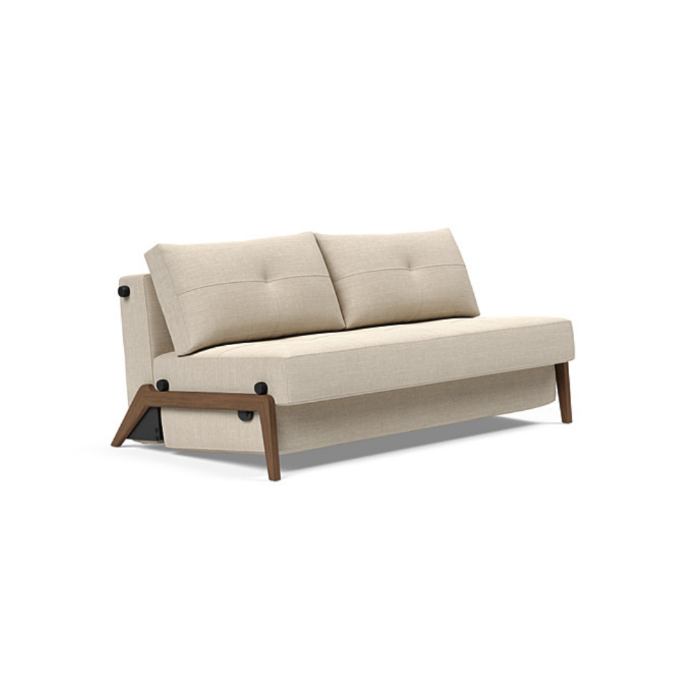 The Cubed Queen Size Sleeper Sofa with Wood Legs from Innovation Living with dark lacquered oak legs and phobos latte 588 upholstery setup as a sofa.