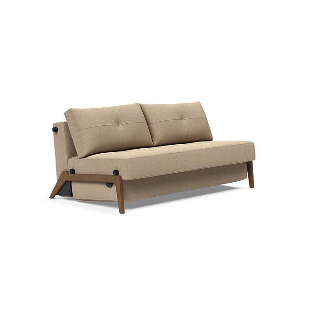 The Cubed Queen Size Sleeper Sofa with Wood Legs from Innovation Living with dark lacquered oak legs and phobos mocha 587 upholstery setup as a sofa.