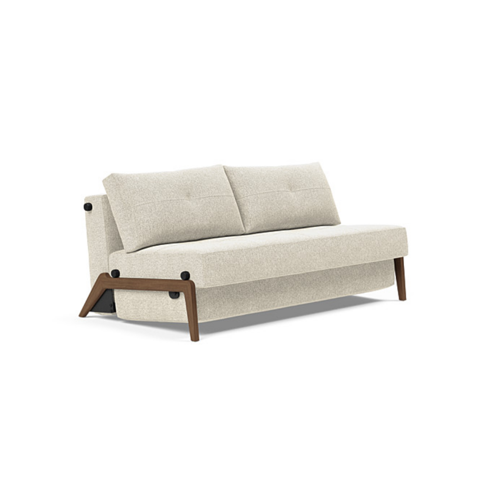 The Cubed Queen Size Sleeper Sofa with Wood Legs from Innovation Living with dark lacquered oak legs and taura off white 357 upholstery setup as a sofa.