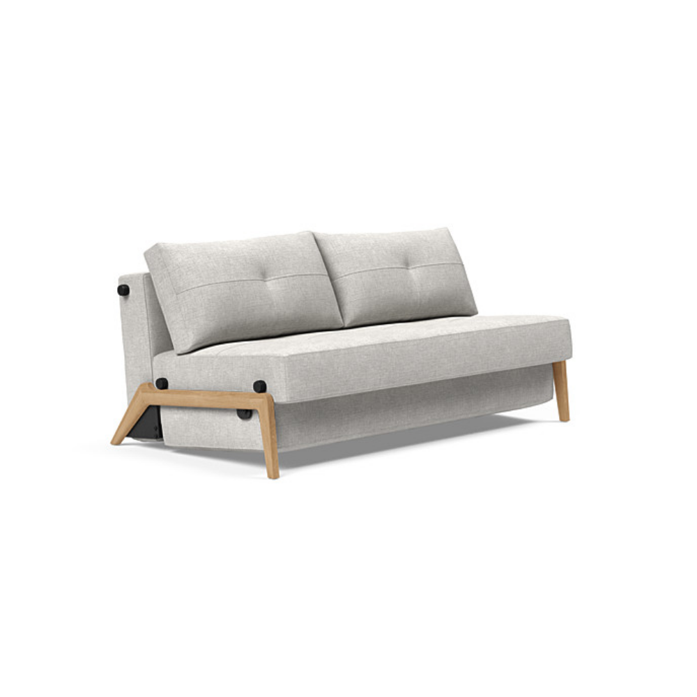 The Cubed Queen Size Sleeper Sofa with Wood Legs from Innovation Living with lacquered oak legs and adario fog 256 upholstery setup as a sofa.