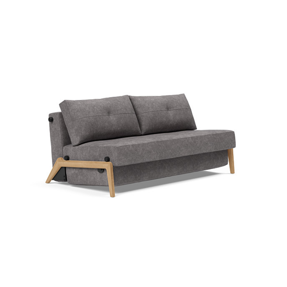 The Cubed Queen Size Sleeper Sofa with Wood Legs from Innovation Living with lacquered oak legs and avella warm grey 282 upholstery setup as a sofa.