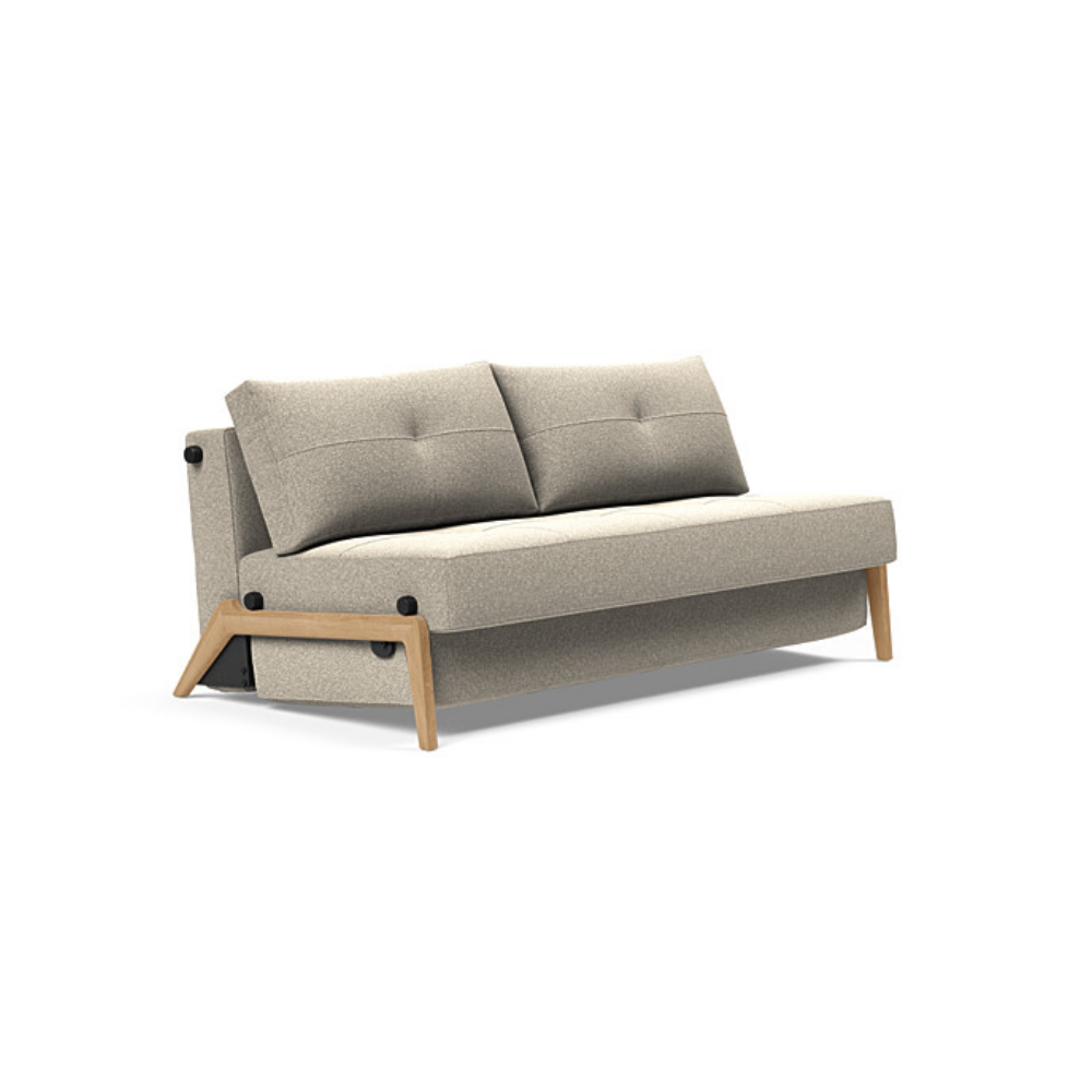 The Cubed Queen Size Sleeper Sofa with Wood Legs from Innovation Living with lacquered oak legs and boucle beige 539 upholstery setup as a sofa.