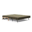 The Cubed Queen Size Sleeper Sofa with Wood Legs from Innovation Living with lacquered oak legs and boucle forest green 535 upholstery setup as a bed.