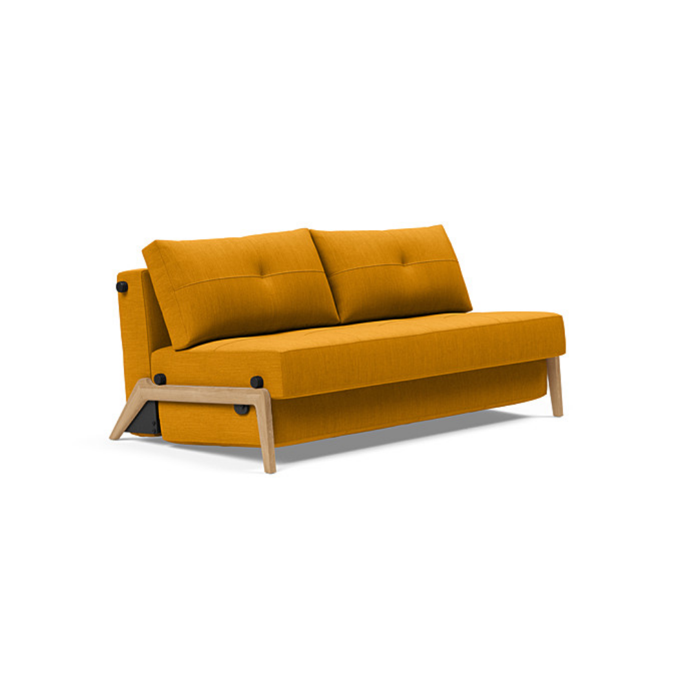 The Cubed Queen Size Sleeper Sofa with Wood Legs from Innovation Living with lacquered oak legs and elegance burned curry 507 upholstery setup as a sofa.