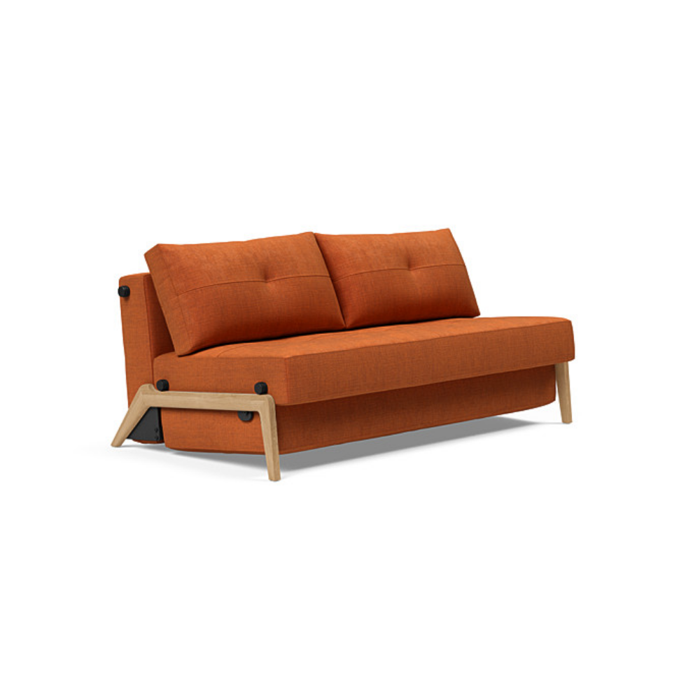 The Cubed Queen Size Sleeper Sofa with Wood Legs from Innovation Living with lacquered oak legs and esina rust orange 412 upholstery setup as a sofa.