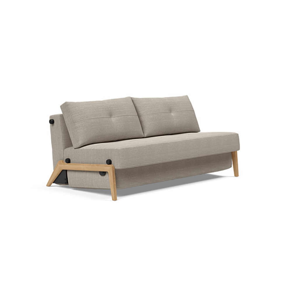 The Cubed Queen Size Sleeper Sofa with Wood Legs from Innovation Living with lacquered oak legs and kenya gravel 579 upholstery setup as a sofa.