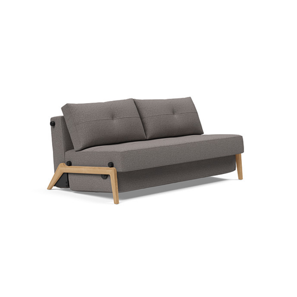 The Cubed Queen Size Sleeper Sofa with Wood Legs from Innovation Living with lacquered oak legs and mixed dance grey 521 upholstery setup as a sofa.