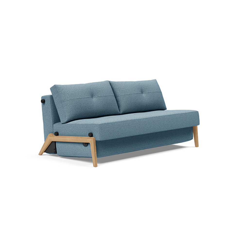 The Cubed Queen Size Sleeper Sofa with Wood Legs from Innovation Living with lacquered oak legs and mixed dance light blue 525 upholstery setup as a sofa.
