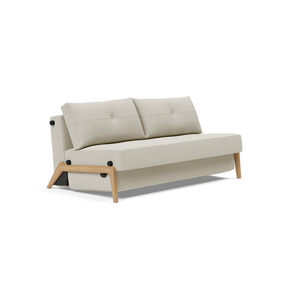 The Cubed Queen Size Sleeper Sofa with Wood Legs from Innovation Living with lacquered oak legs and mixed dance natural 527 upholstery setup as a sofa.