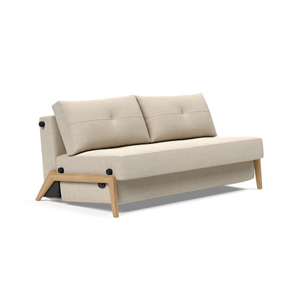 The Cubed Queen Size Sleeper Sofa with Wood Legs from Innovation Living with lacquered oak legs and phobos latte 588 upholstery setup as a sofa.