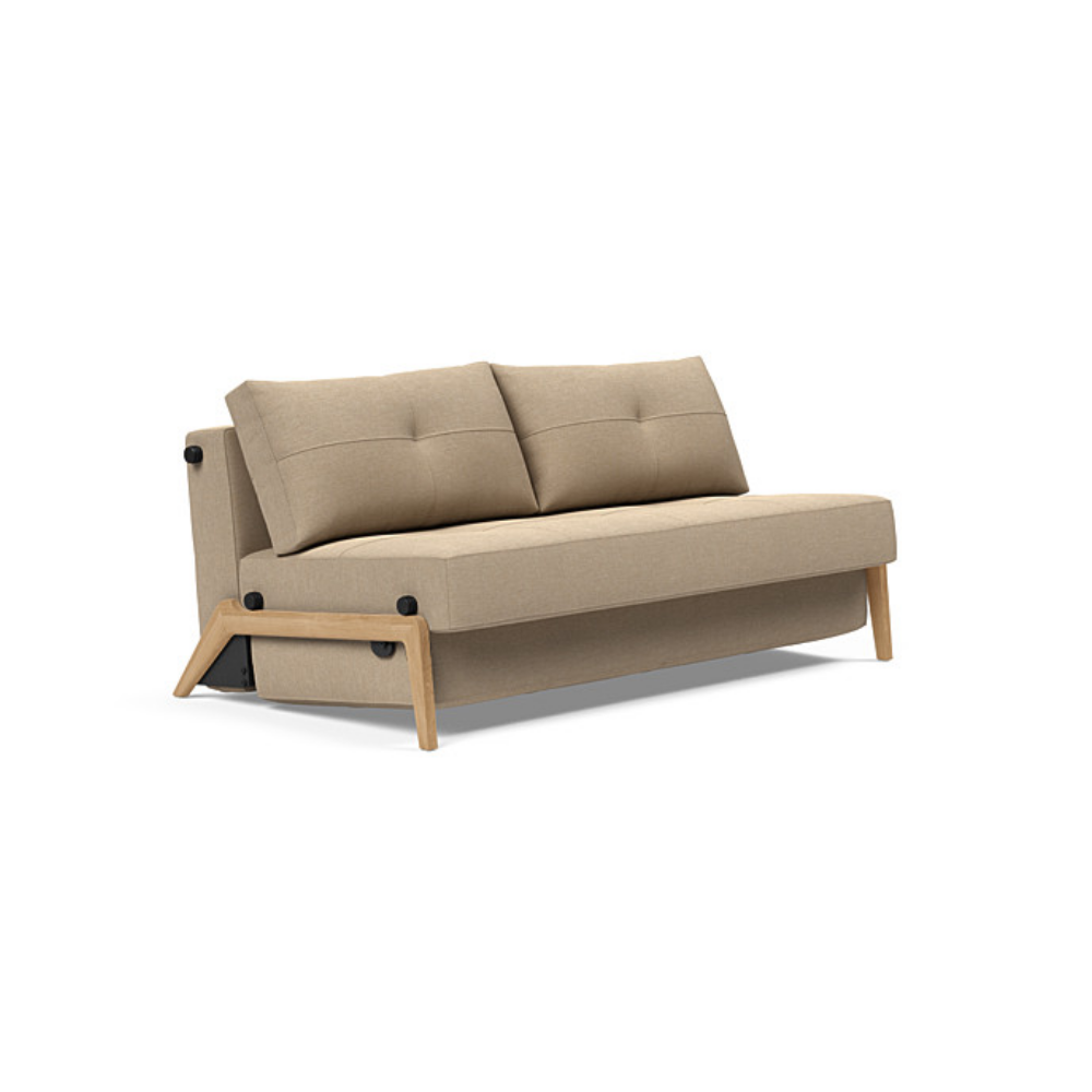 The Cubed Queen Size Sleeper Sofa with Wood Legs from Innovation Living with lacquered oak legs and phobos mocha 587 upholstery setup as a sofa.