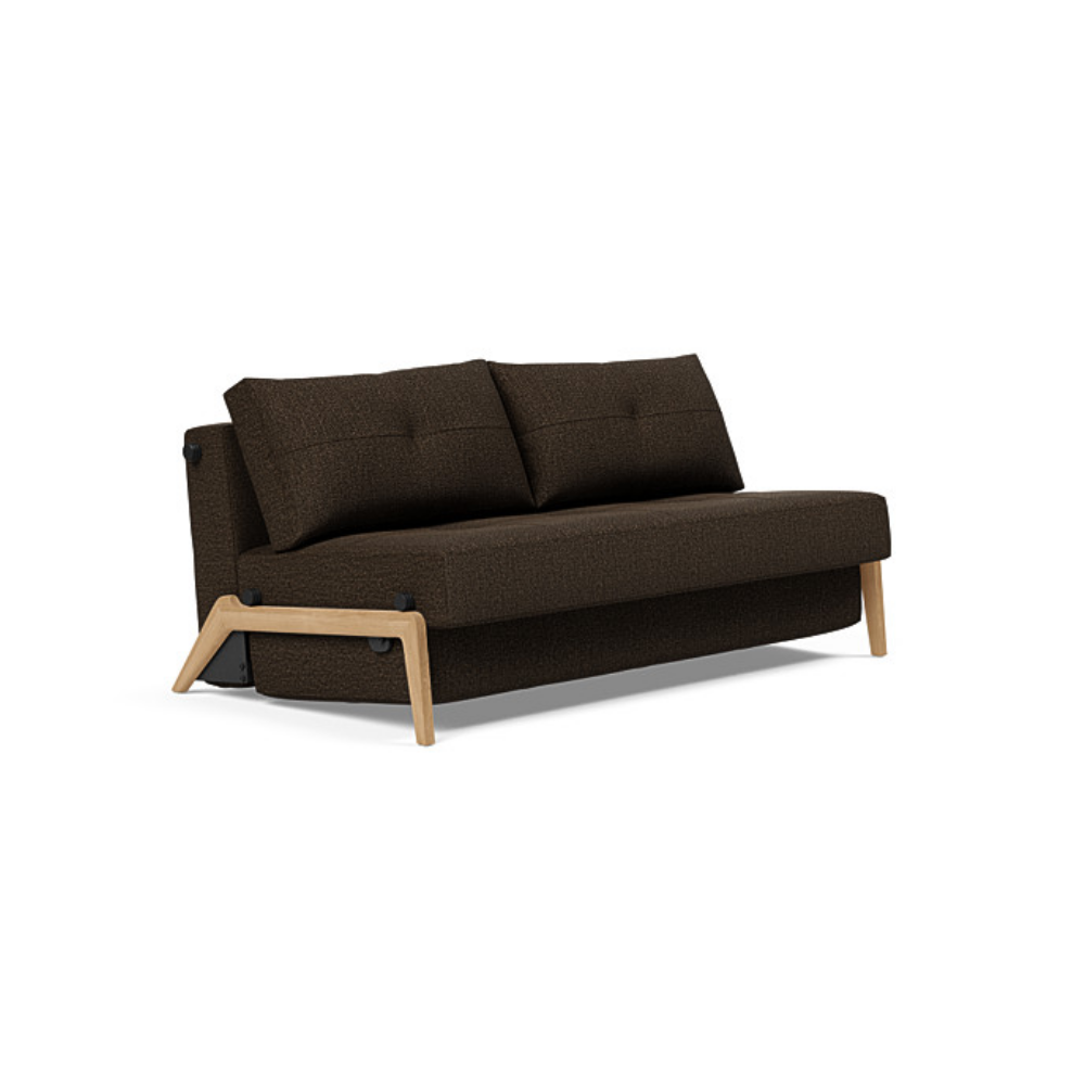The Cubed Queen Size Sleeper Sofa with Wood Legs from Innovation Living with lacquered oak legs and taura chocco 358 upholstery setup as a sofa.