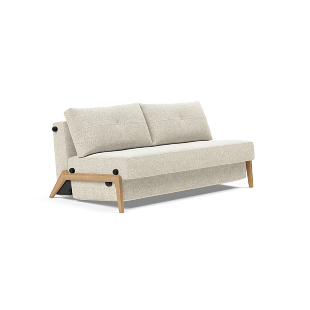The Cubed Queen Size Sleeper Sofa with Wood Legs from Innovation Living with lacquered oak legs and taura off white 357 upholstery setup as a sofa.