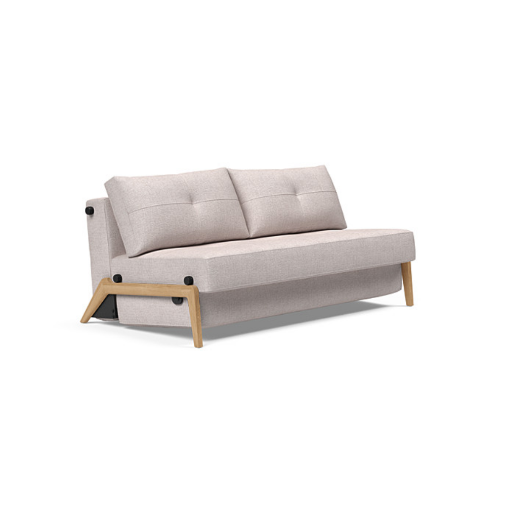 The Cubed Queen Size Sleeper Sofa with Wood Legs from Innovation Living with lacquered oak legs and weda sand 300 upholstery setup as a sofa.