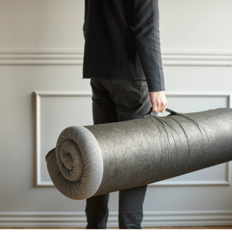 The King Size Mattress Pillow Topper from Innovation Living in a lounge rolled up in a hand holding.