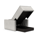 The Newilla Lounger Chair with Slim Arms with adario fog 256 upholstery open showing the integrated storage.