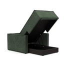 The Newilla Lounger Chair with Slim Arms with avella pine green 281 upholstery open showing the integrated storage.