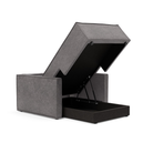 The Newilla Lounger Chair with Slim Arms with avella warm grey 282 upholstery open showing the integrated storage.