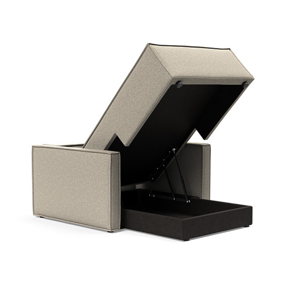 The Newilla Lounger Chair with Slim Arms with boucle beige 539 upholstery open showing the integrated storage.