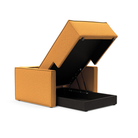 The Newilla Lounger Chair with Slim Arms with boucle ochre 536 upholstery open showing the integrated storage.