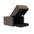 The Newilla Lounger Chair with Slim Arms with boucle taupe 530 upholstery open showing the integrated storage.