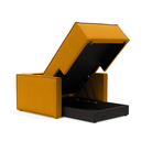 The Newilla Lounger Chair with Slim Arms with elegance burned curry 507 upholstery open showing the integrated storage.