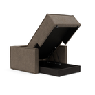 The Newilla Lounger Chair with Slim Arms with esina cedar brown 411  upholstery open showing the integrated storage.