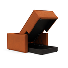 The Newilla Lounger Chair with Slim Arms with esina rust orange 412 upholstery open showing the integrated storage.