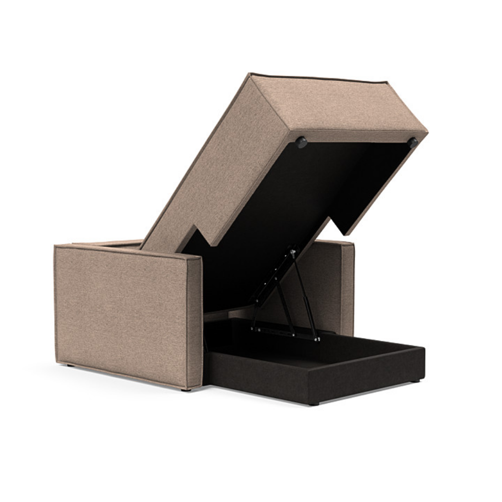 The Newilla Lounger Chair with Slim Arms with halifax wicker 367 upholstery open showing the integrated storage.