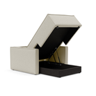 The Newilla Lounger Chair with Slim Arms with mixed dance natural 527 upholstery open showing the integrated storage.