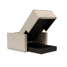 The Newilla Lounger Chair with Slim Arms with phobos latte 586 upholstery open showing the integrated storage.