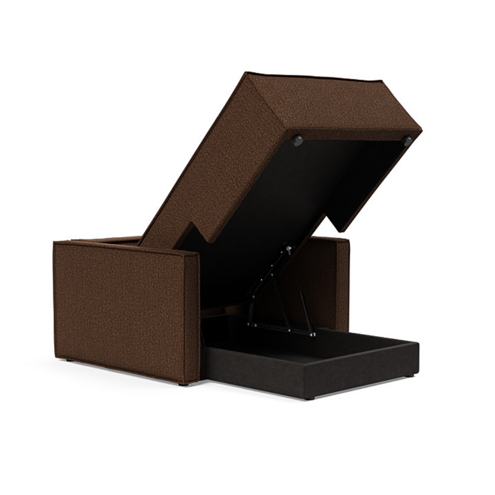 The Newilla Lounger Chair with Slim Arms with taura cappuccino 359 upholstery open showing the integrated storage.