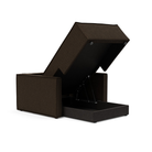 The Newilla Lounger Chair with Slim Arms with taura chocco 358 upholstery open showing the inegrated storage.