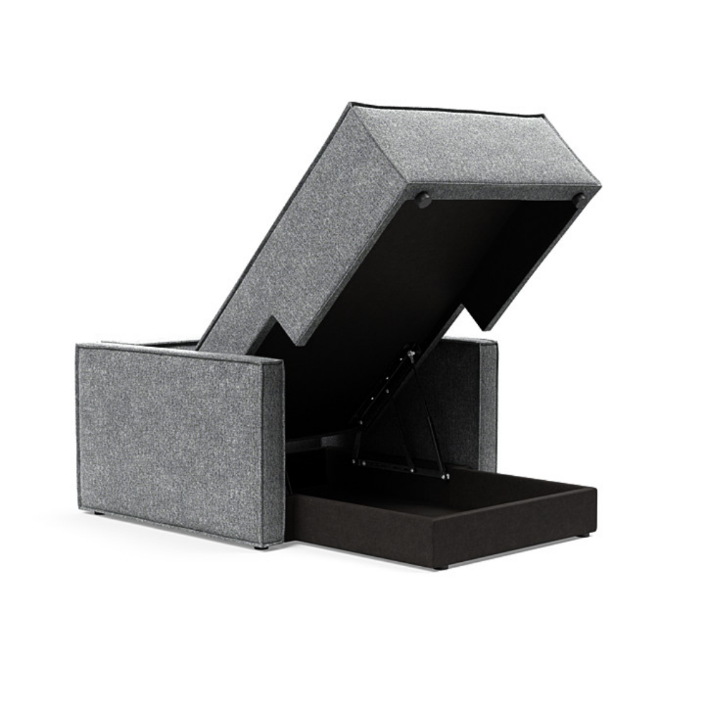 The Newilla Lounger Chair with Slim Arms with taura slate grey 351 upholstery open showing the integrated storage.