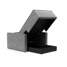 The Newilla Lounger Chair with Slim Arms with taura slate grey 351 upholstery open showing the integrated storage.